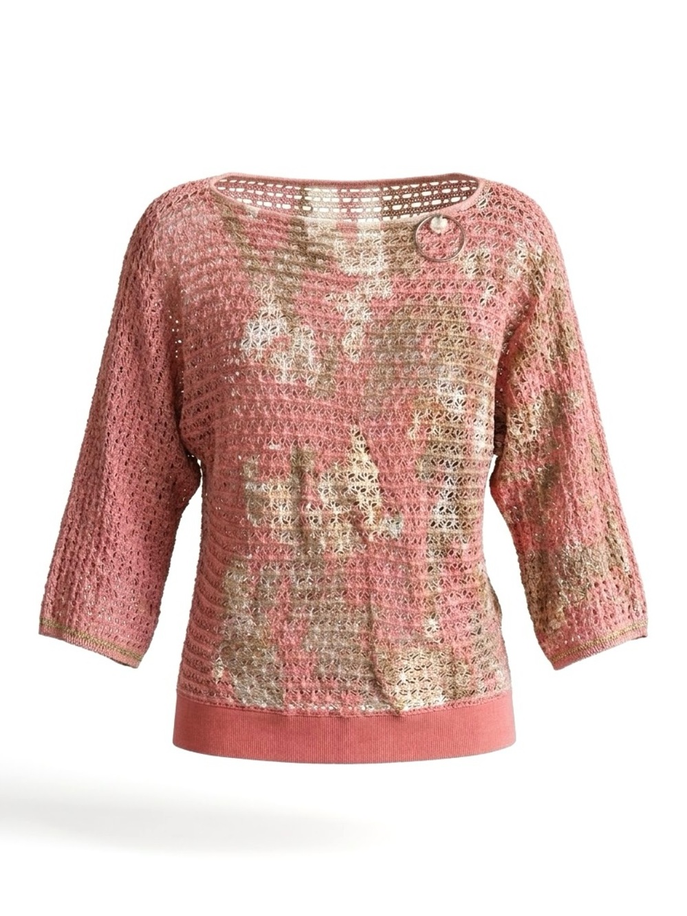 Elisa Cavaletti Open Knit Boat Neck Crop Sleeve Sweater W/Gold Accents Size L